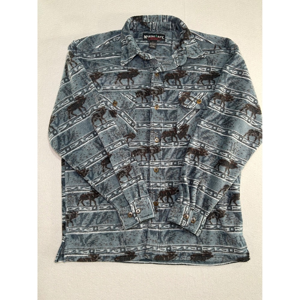 Vintage Marino Bay Fleece Jacket Womens L‎ Blue Horse Print Long Sleeve Button